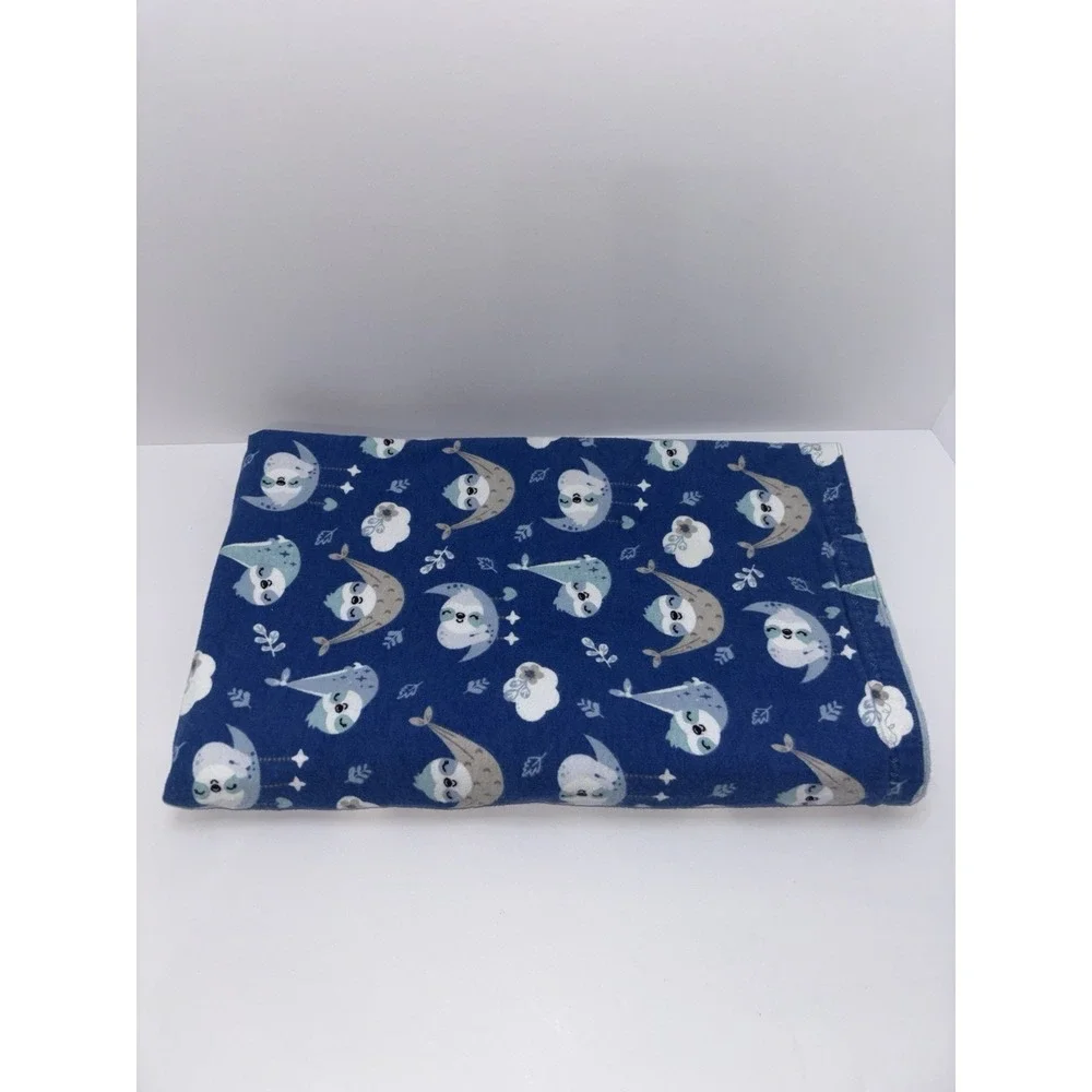 Handmade Baby Crib Blanket Quilted Sleeping Sloths Fleece Navy Blue Nursery